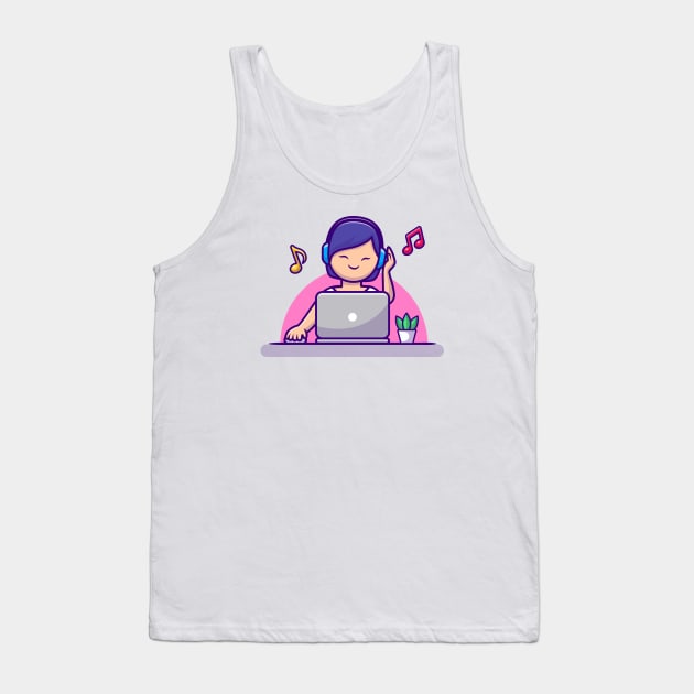 Girl Listening Music With Headphone And Laptop Tank Top by Catalyst Labs